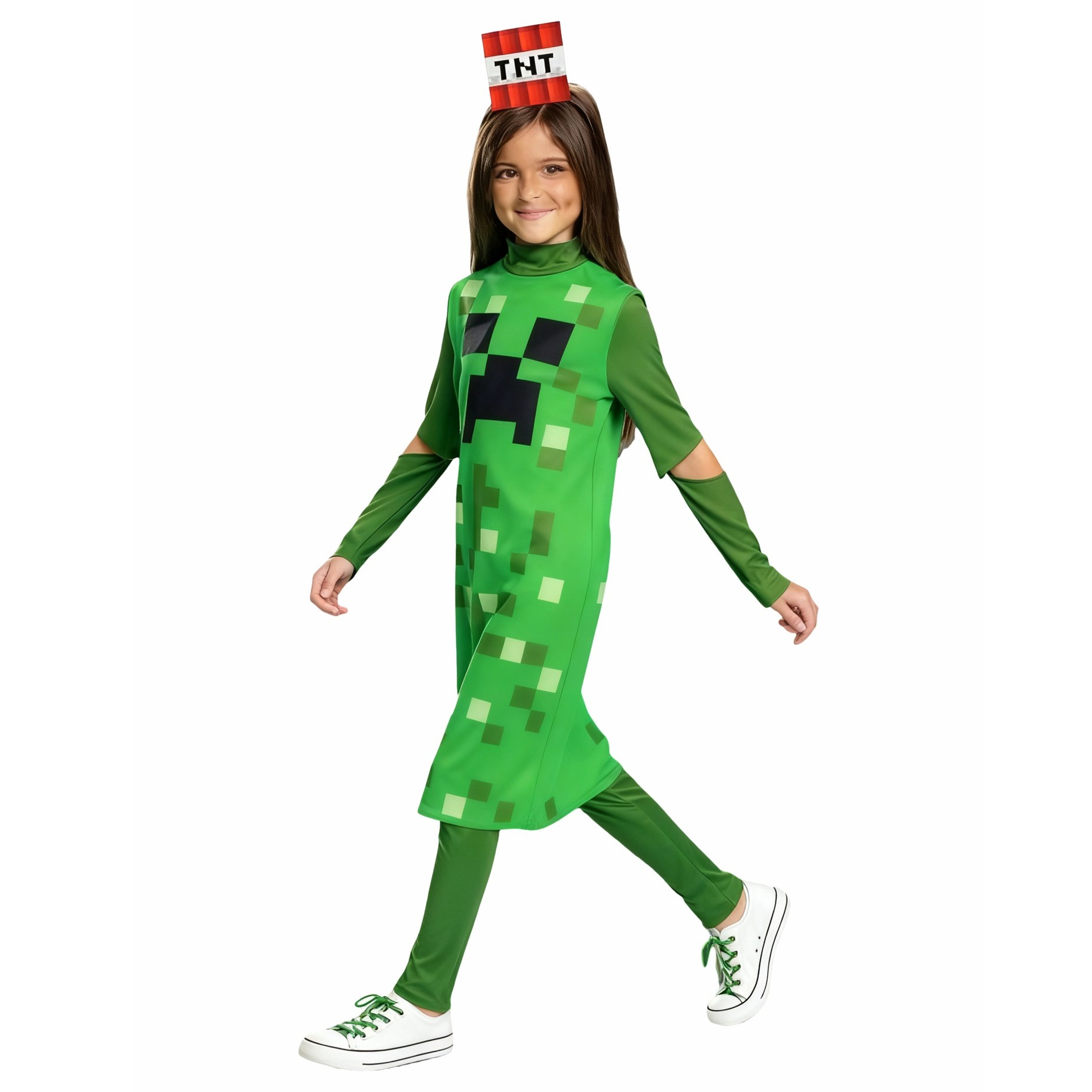 Party Games Minecraft - ชุดคอสตูมเด็กผู้หญิงคลาสสิกจากเกมมายคราฟ ครีปเปอร์ ชุดเดรสสีเขียวพร้อมกางเกงและที่คาดผมสำหรับงานปาร์ตี้แต่งตัว