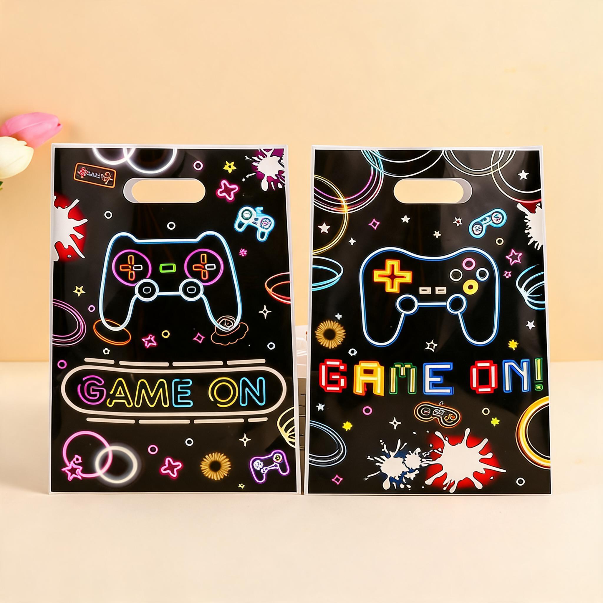 Party Games Gender Reveal - ถุงของขวัญธีมเกมสีดำ 30 ชิ้น พร้อมหูหิ้วพลาสติก ถุงใส่ของขวัญสำหรับงานปาร์ตี้วันเกิดธีมเกมสำหรับเด็กผู้ชาย