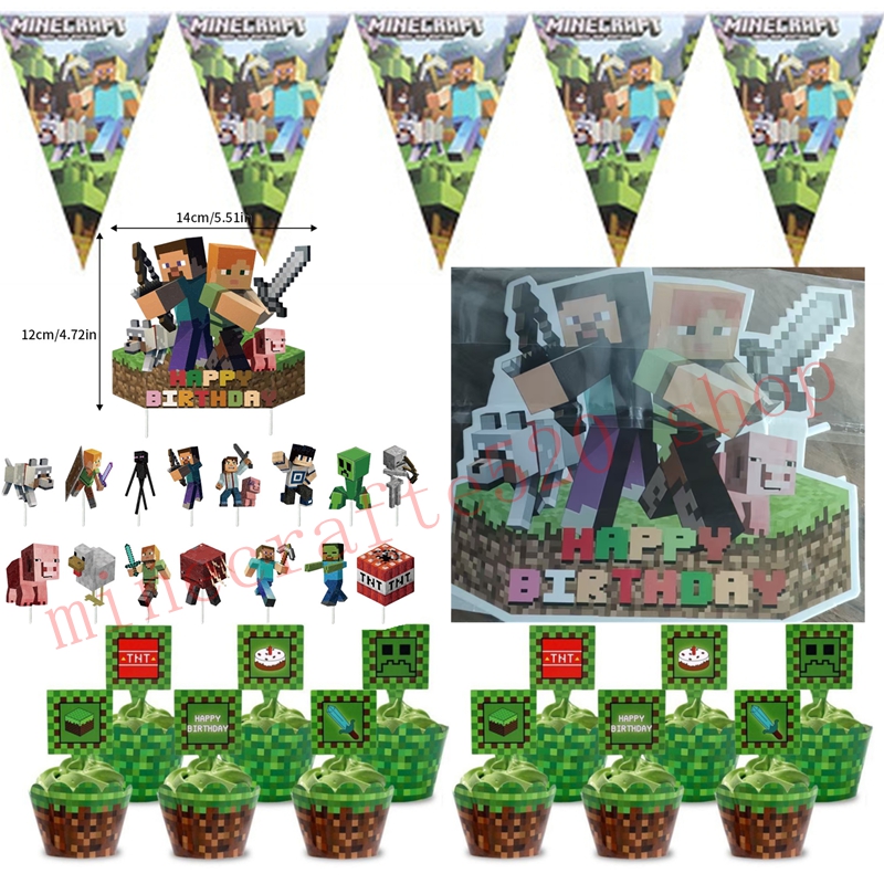 Party Games Minecraft - ชุดอุปกรณ์ตกแต่งงานวันเกิดธีมไมน์คราฟต์ MC Pixel Paper Card ประกอบด้วยธง